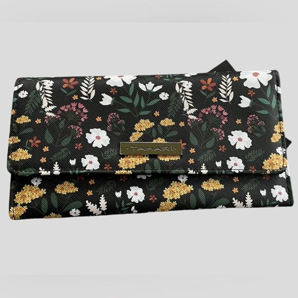 Tahari Trifold Long Wallet RFID Vegan Leather Floral NEW - Picture 1 of 9